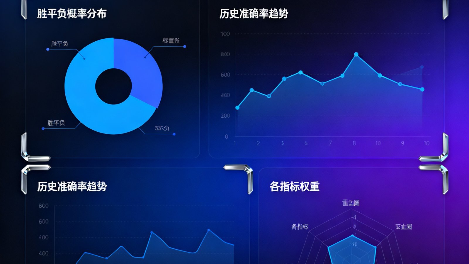 智能预测模型的可视化仪表盘界面，展示胜平负概率分布饼图、历史准确率趋势折线图以及各指标权重雷达图，整体设计采用深色科技风格