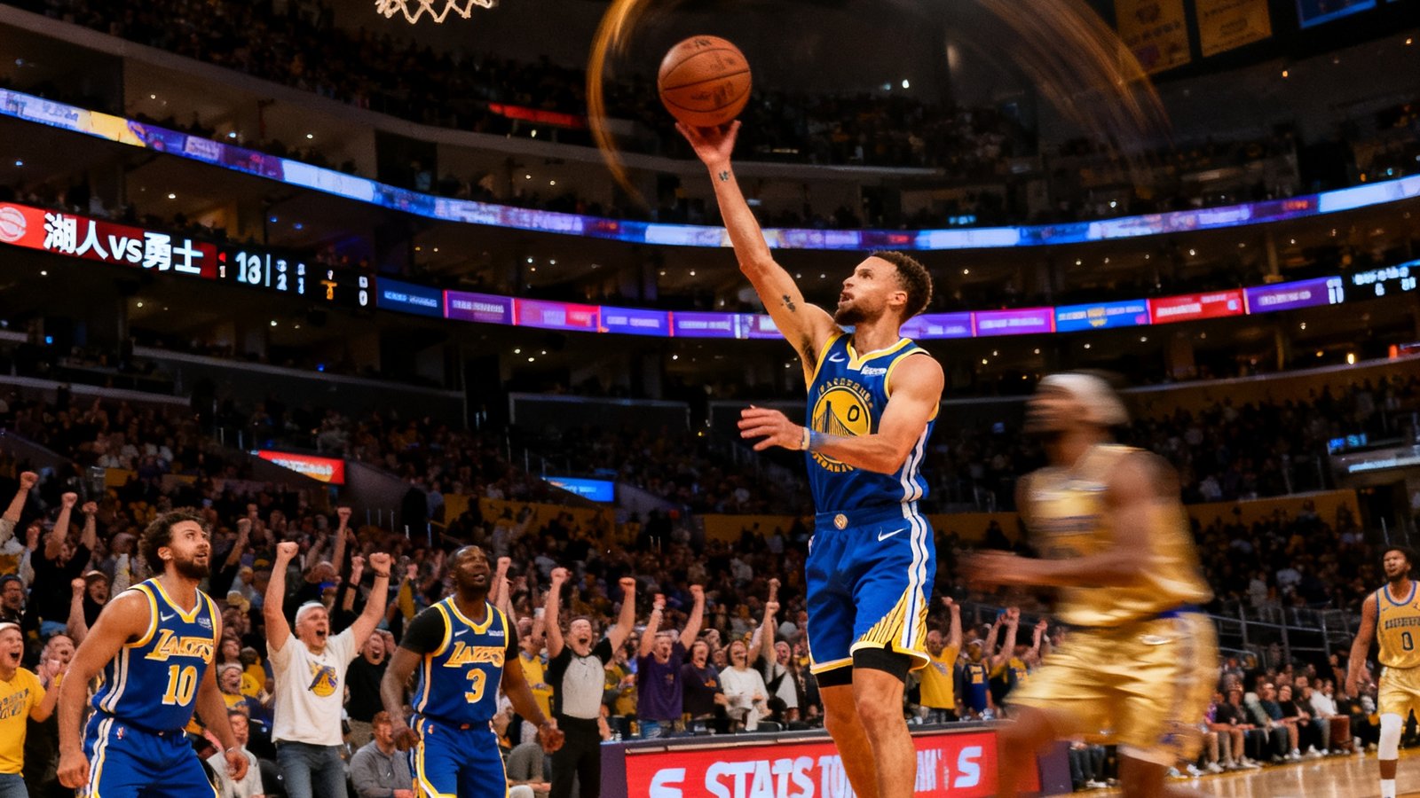 NBA常规赛湖人主场对阵勇士的精彩单球剪辑画面，库里在三分线外快速出手，篮球划出高弧线空心入网，斯台普斯中心观众起立欢呼